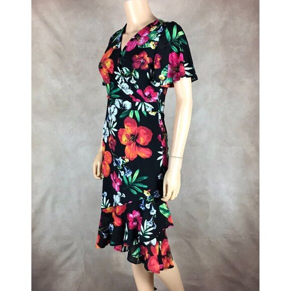 THALIA SODI Black Floral Faux-Wrap Ruffled Dress NWT SMALL - Picture 7 of 10
